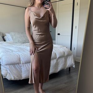 NWR Satin Cowl Neck Slip Dress in Taupe Size M